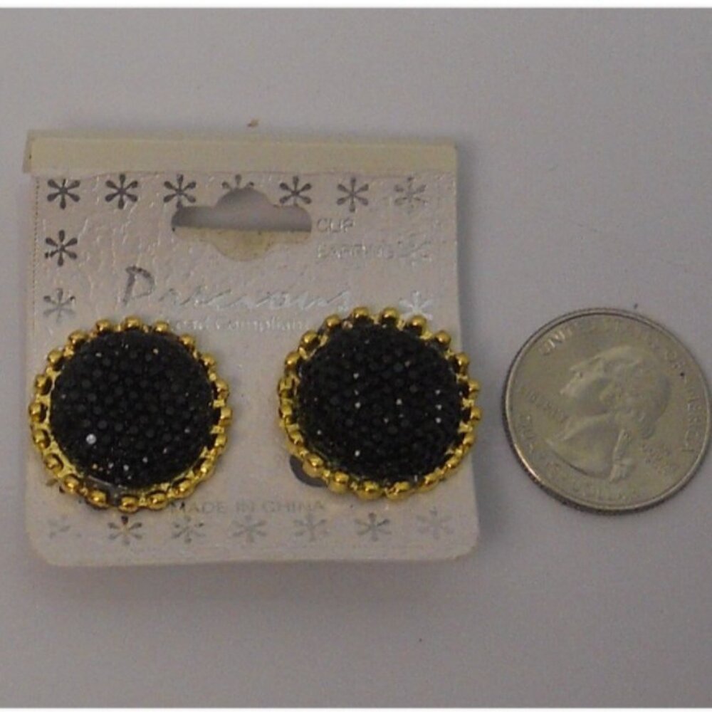 Women Black Huggie Earrings Gold Tones Clip On Fasteners FASHION PRECIOUS JEWELR